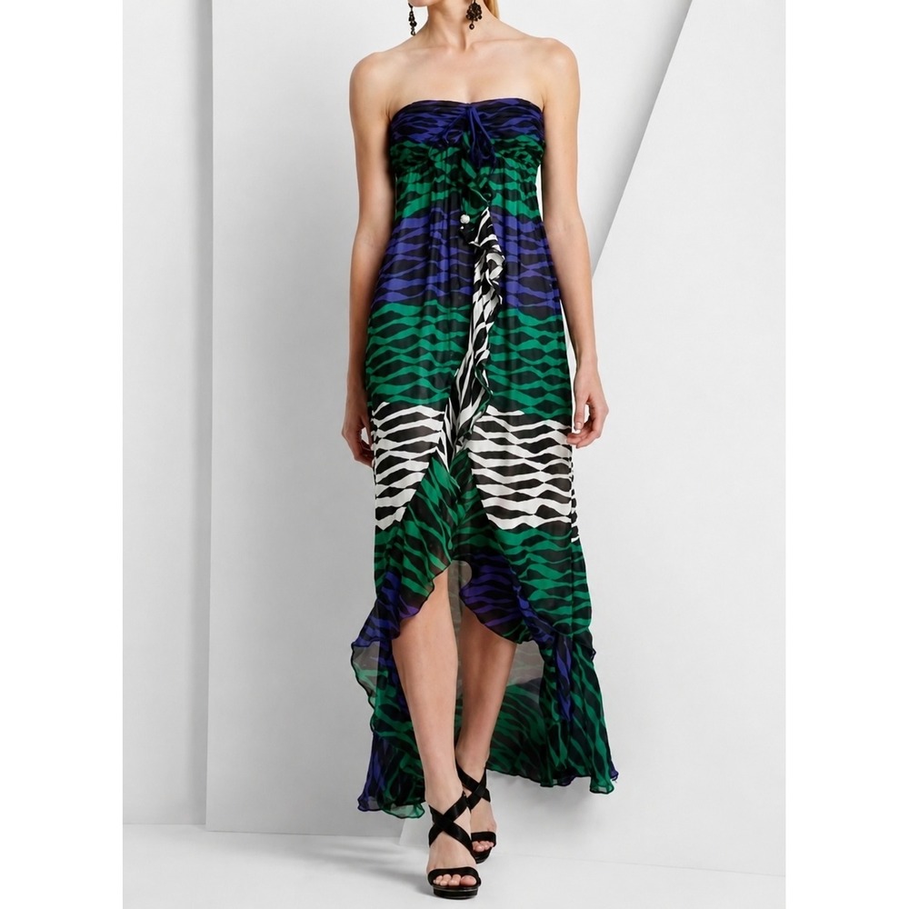 BCBGMAXAZRIA Silk Chiffon Strapless Ruffle Maxi Dress Green Purple Stripe 6 Y2K